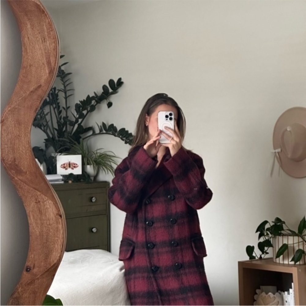 Coach Coat Double Breasted Peacoat in Cranberry Red Plaid